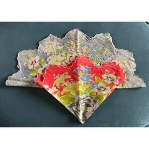 Vintage Floral Handkerchief Lot 2 Scalloped Edge Cotton Hankies 1940s 1950s